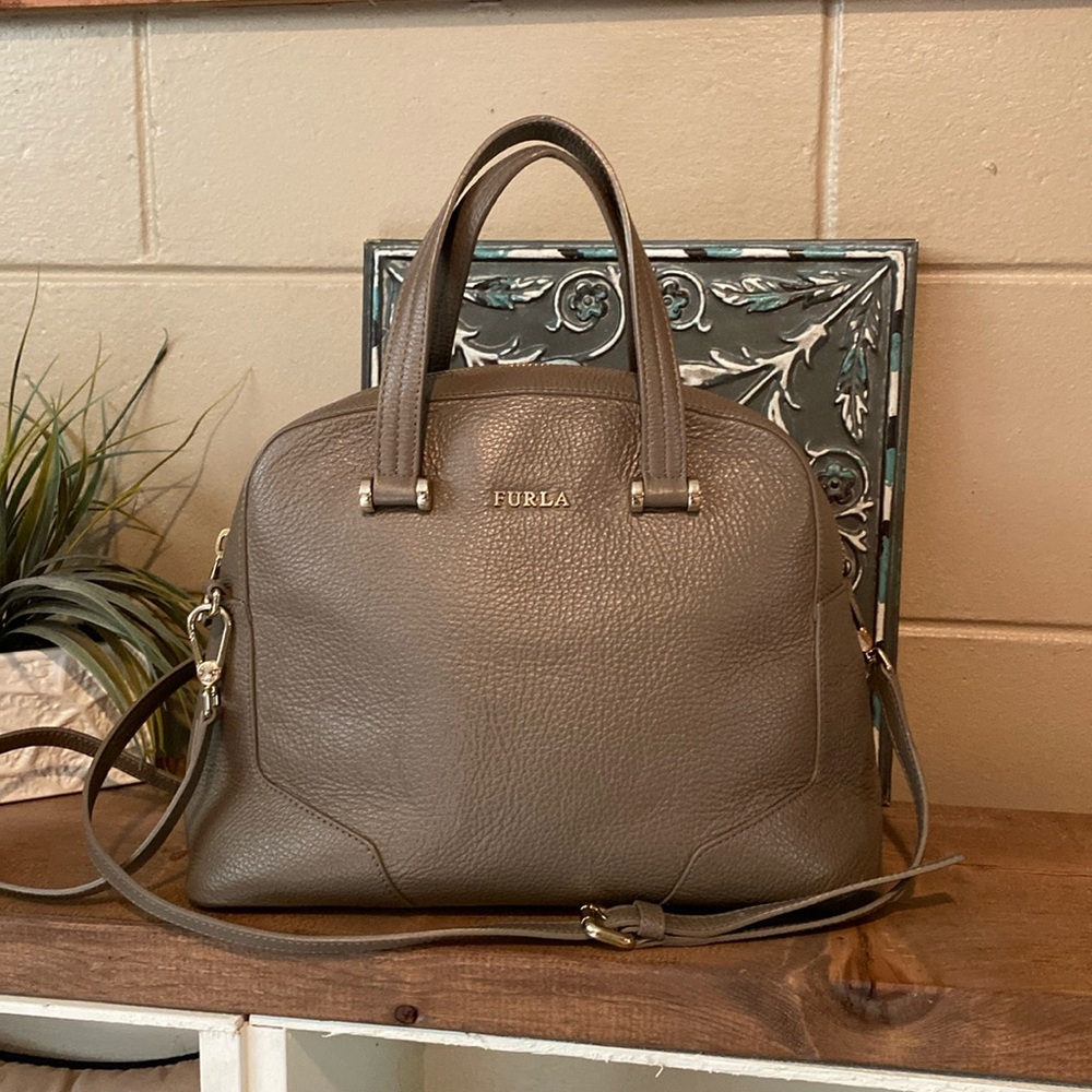 Furla Taupe Leather Satchel with Gold Hardware